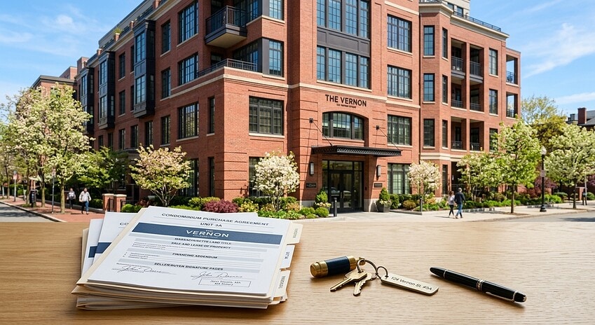 A professional editorial-style photograph of a modern Boston condominium building exterior on a bright spring day, featuring a classic red-brick facade with large windows and a well-maintained entrance, set against a clear blue sky. In the foreground, a neatly organized stack of real estate legal documents and paperwork sits on a clean desk beside a set of keys, suggesting the preparation and documentation process of a property transaction. The scene blends urban Boston architecture with the professional, organized feel of a real estate closing process. Warm natural light, sharp focus, realistic photographic style.
