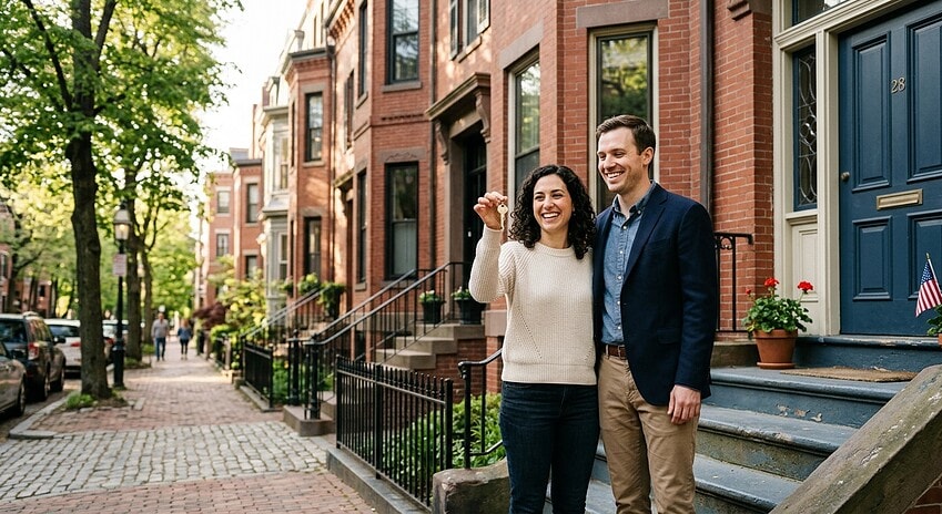 A young professional couple standing on the front steps of a charming brick rowhouse in a Boston neighborhood, looking optimistic and hopeful, holding a set of house keys. The street behind them features classic New England architecture with brownstones and triple-decker homes lining a tree-lined sidewalk. Soft morning light illuminates the scene. The mood is warm, aspirational, and grounded. Editorial-style photography aesthetic with natural tones, shallow depth of field, and a documentary feel. No text, signs, or branding visible.