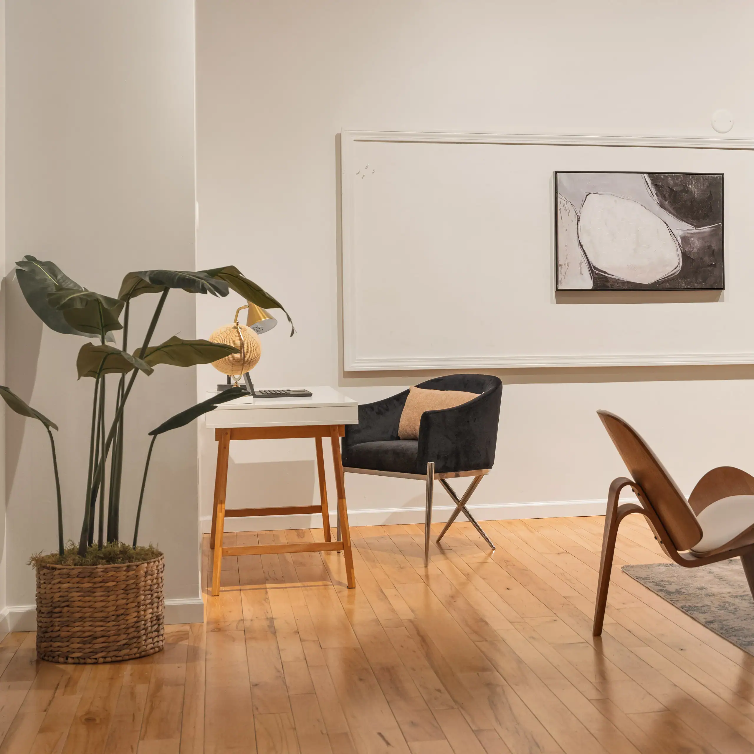 Professional attorney office workspace with wooden desk and modern furnishings in Boston