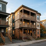 A professional editorial-style photograph of a classic Boston triple-decker residential building in a neighborhood like Dorchester or Jamaica Plain, with warm brick facades and wooden porches stacked three stories high, set against a crisp autumn sky. In the foreground, a subtle visual metaphor of exchange and reinvestment is suggested through two properties visible in the scene — one with a "sold" sign and another in the background representing a new acquisition. The mood is confident and financial in tone, with golden afternoon light casting long shadows across the sidewalk. The image should feel grounded in Boston urban real estate, conveying equity, investment strategy, and neighborhood authenticity without any text, logos, or overlays. Photorealistic, wide-angle perspective, editorial quality.